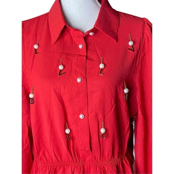 Sweet Rain Embellished Gold LOVE Pearls Red Pullover Blouse Wm’s Sz Lrg - Picture 2 of 6